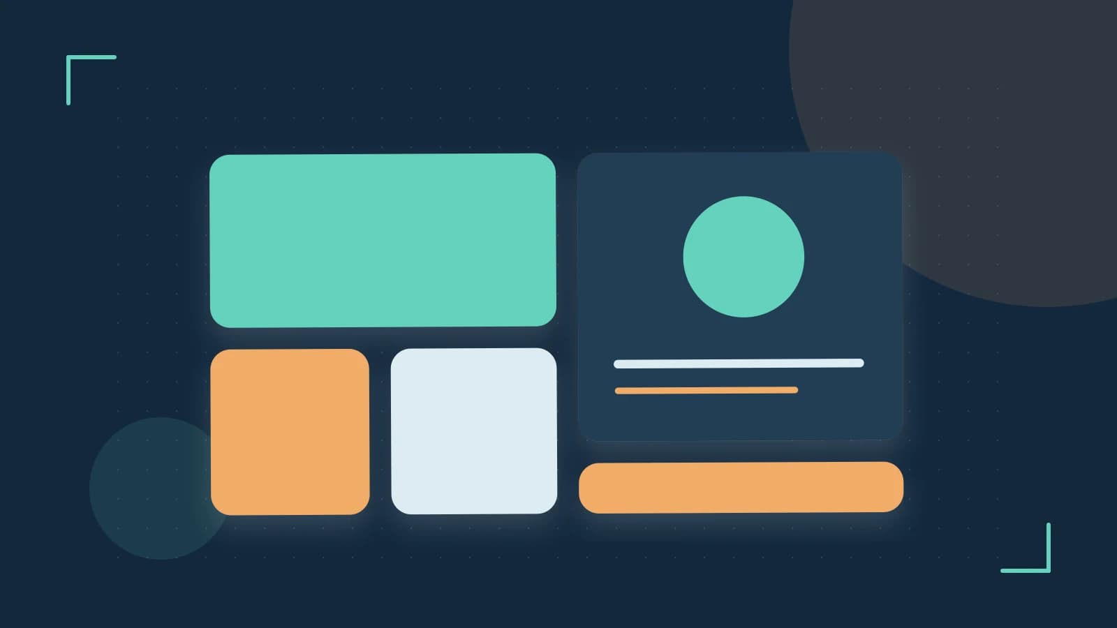 Editorial illustration of responsive browser layouts, overlapping design components and a color system
