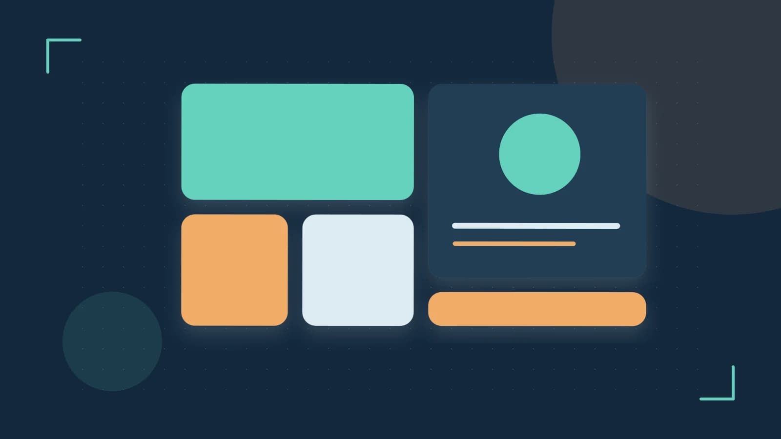 Editorial illustration of responsive browser layouts, overlapping design components and a color system