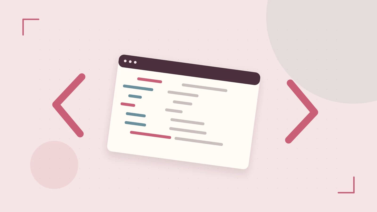 Editorial illustration of an abstract code editor, syntax blocks and oversized programming brackets