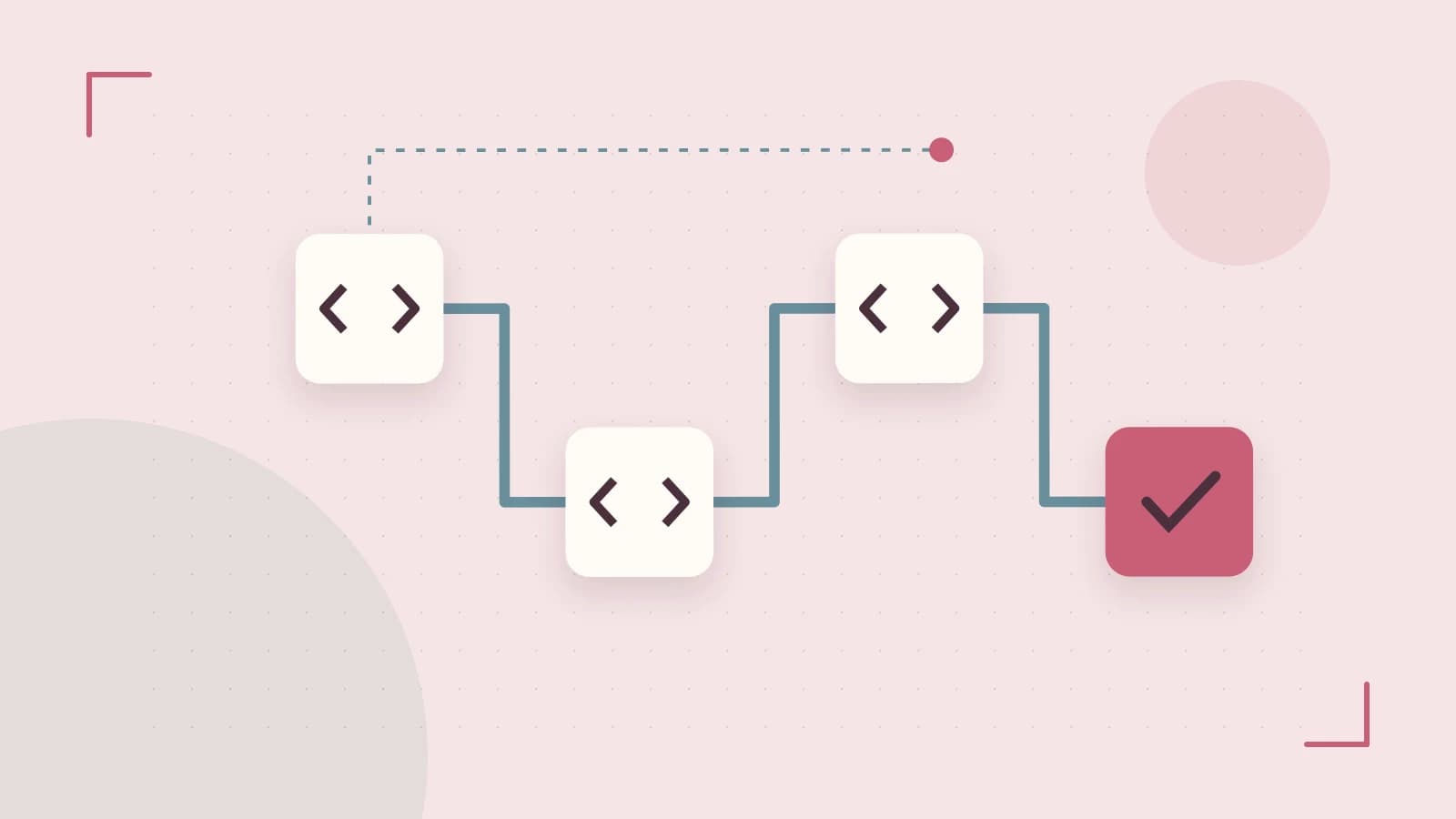 Editorial illustration of a branching build pipeline, staged transformations and a completed check