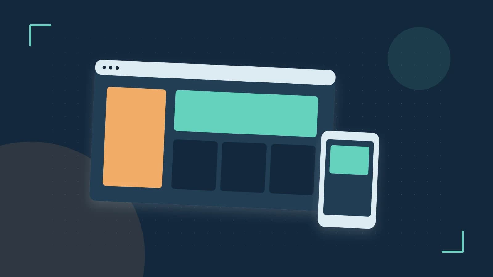 Editorial illustration of responsive browser layouts, overlapping design components and a color system