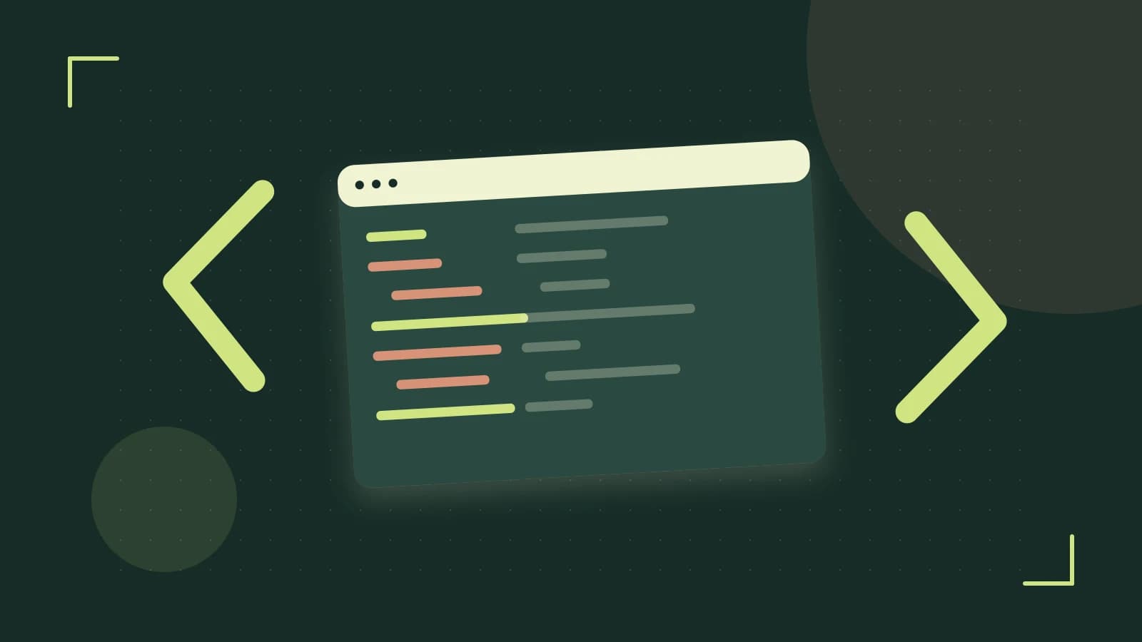 Editorial illustration of an abstract code editor, syntax blocks and oversized programming brackets