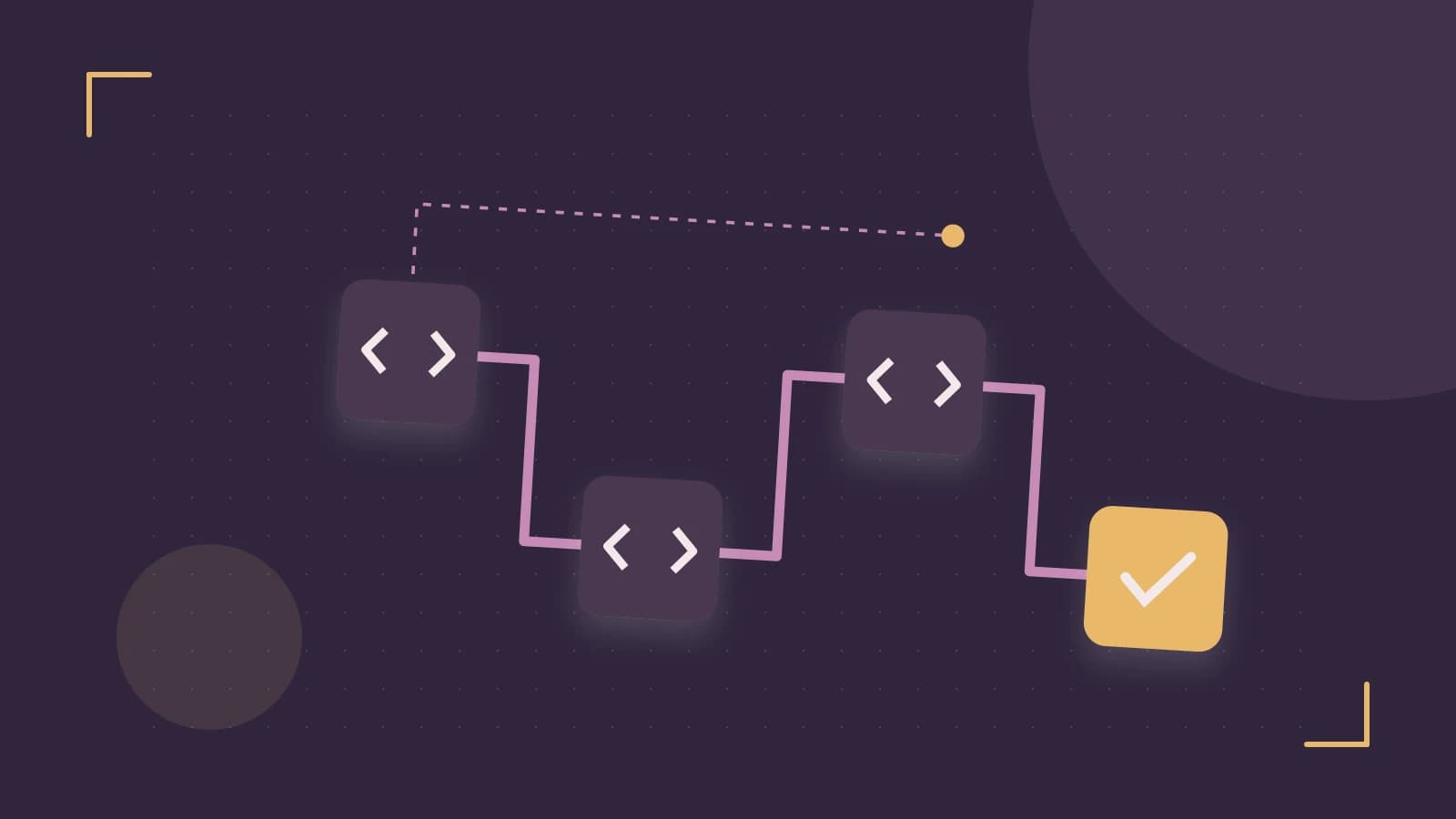 Editorial illustration of a branching build pipeline, staged transformations and a completed check
