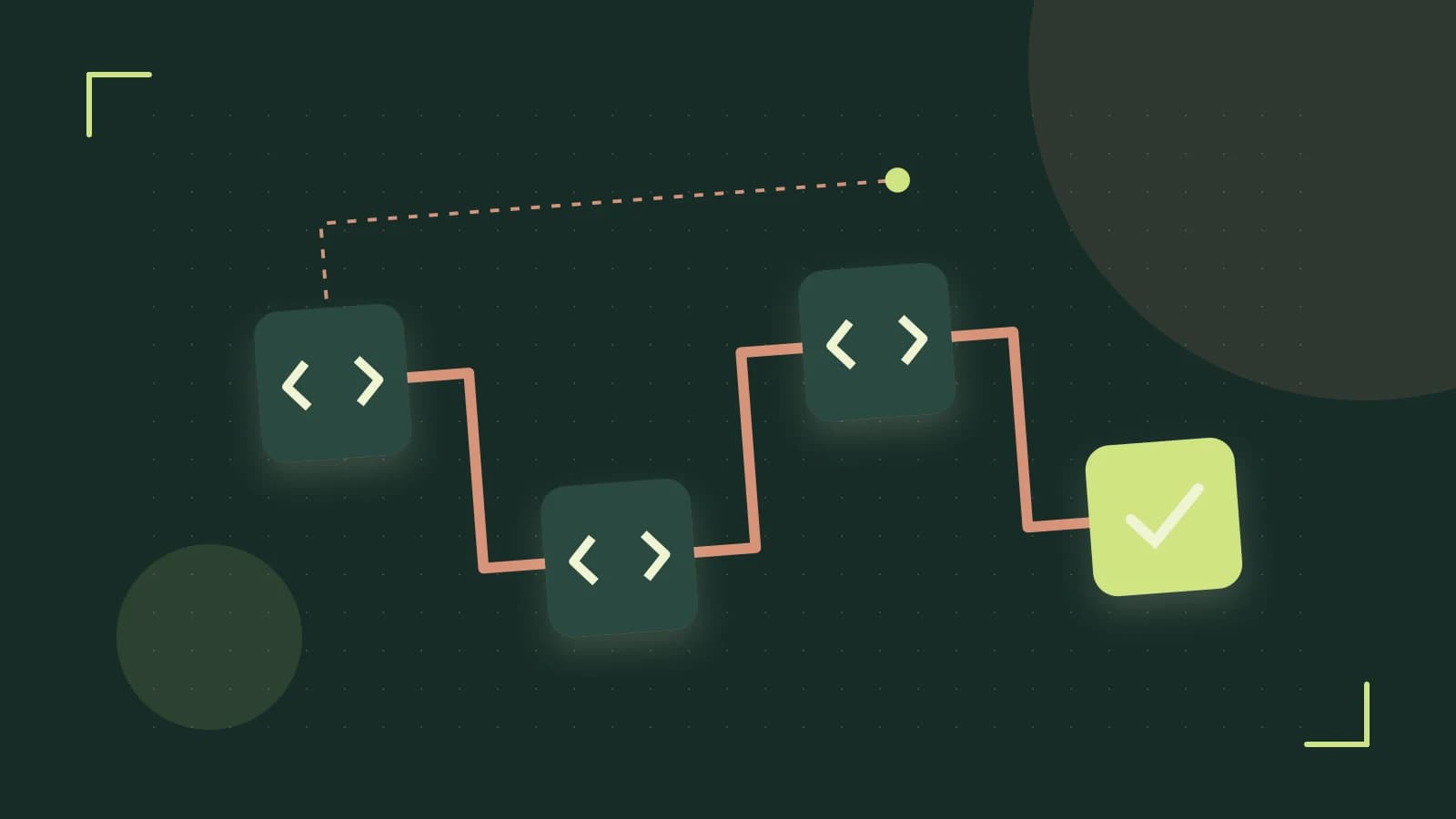 Editorial illustration of a branching build pipeline, staged transformations and a completed check