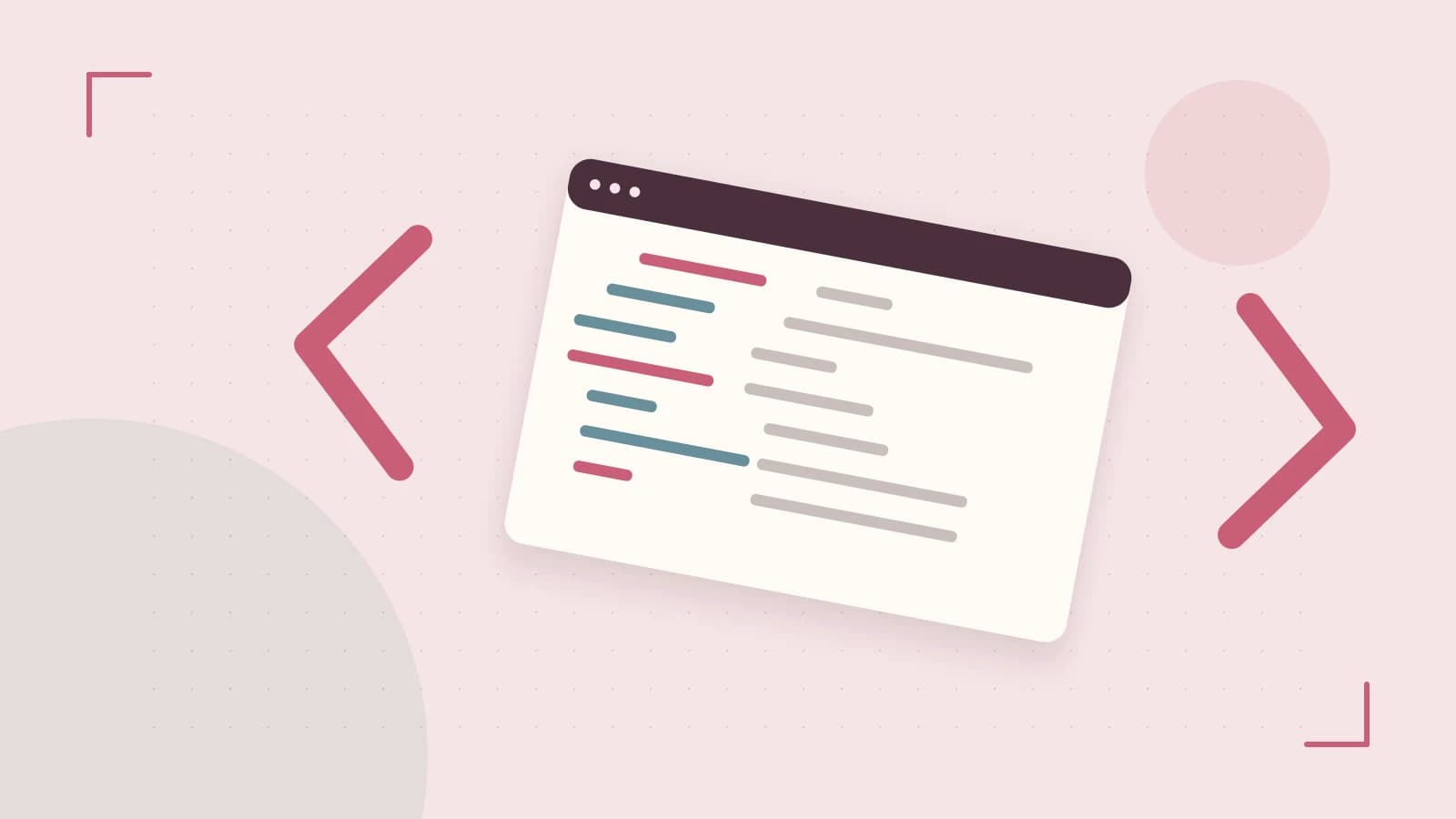 Editorial illustration of an abstract code editor, syntax blocks and oversized programming brackets
