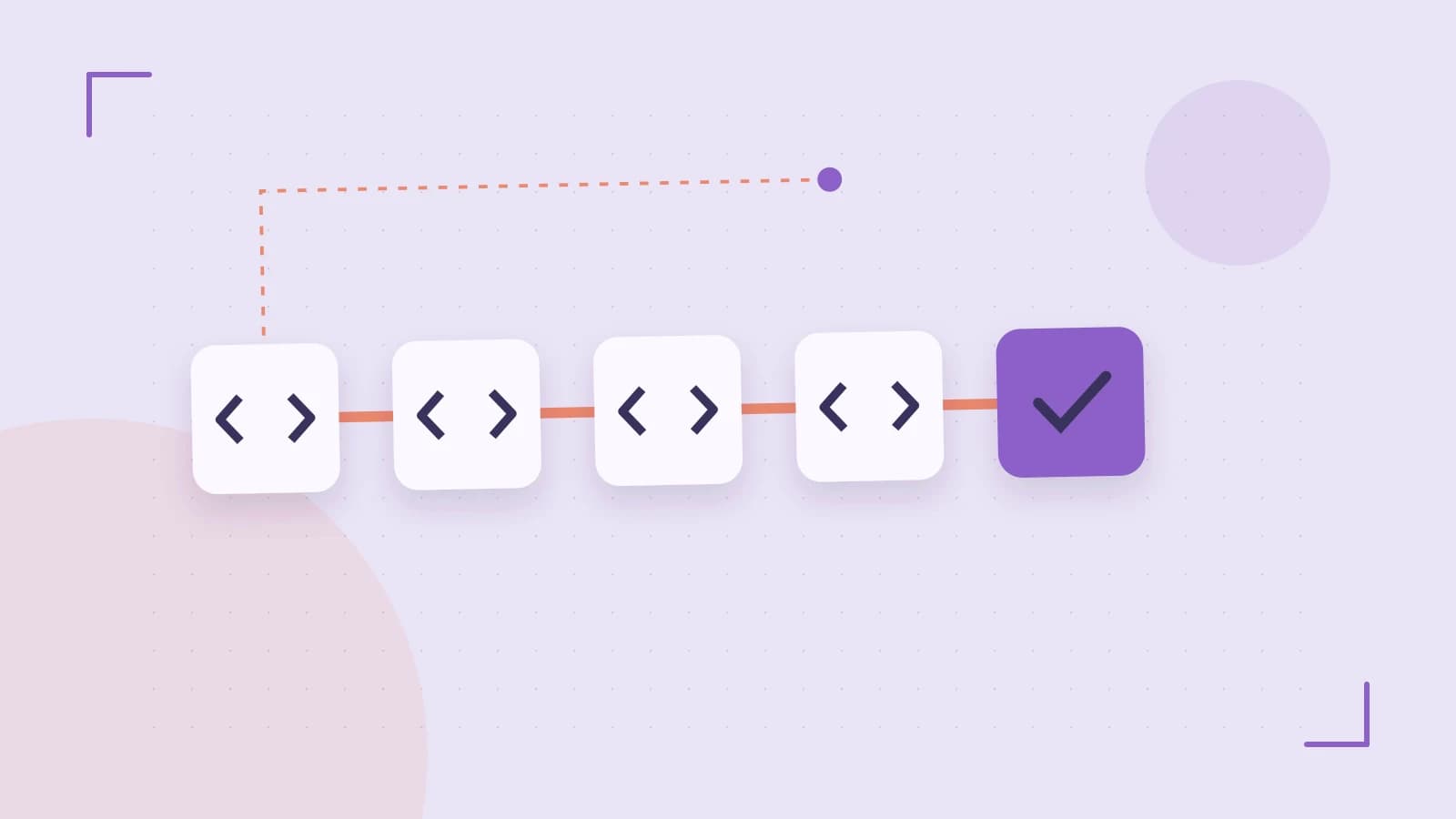 Editorial illustration of a branching build pipeline, staged transformations and a completed check