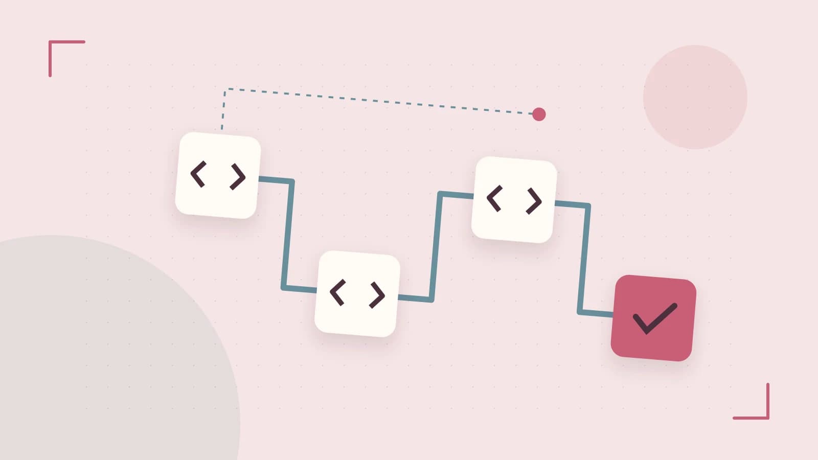 Editorial illustration of a branching build pipeline, staged transformations and a completed check