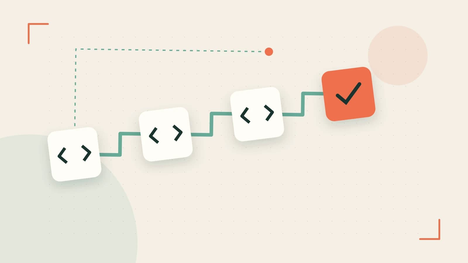 Editorial illustration of a branching build pipeline, staged transformations and a completed check