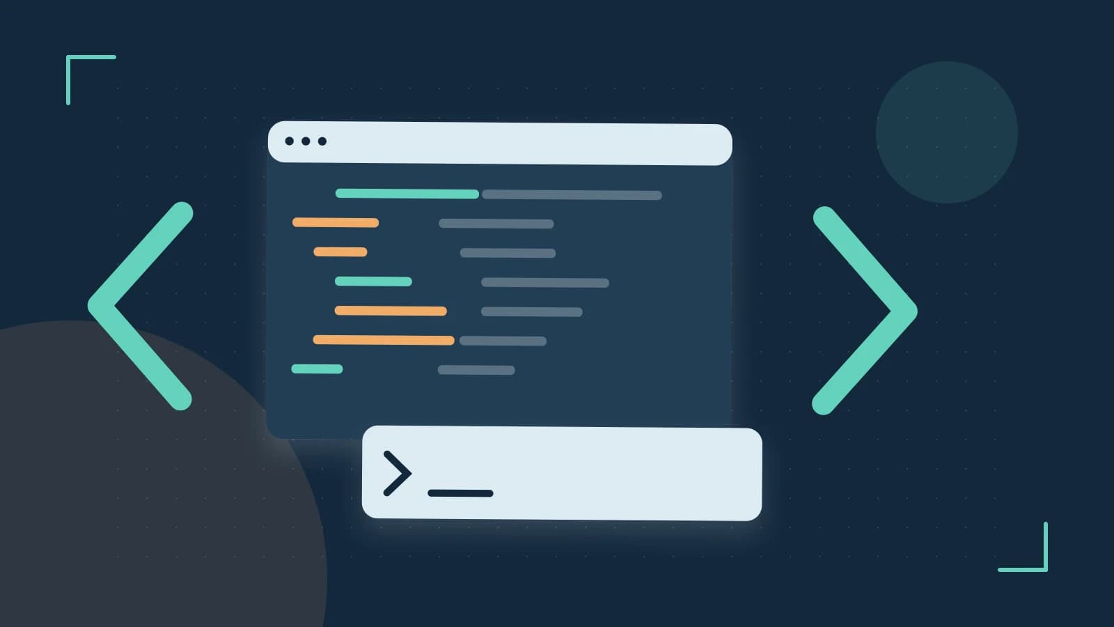 Editorial illustration of an abstract code editor, syntax blocks and oversized programming brackets