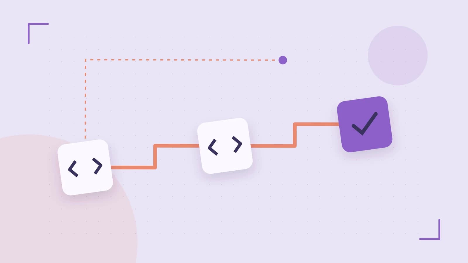 Editorial illustration of a branching build pipeline, staged transformations and a completed check