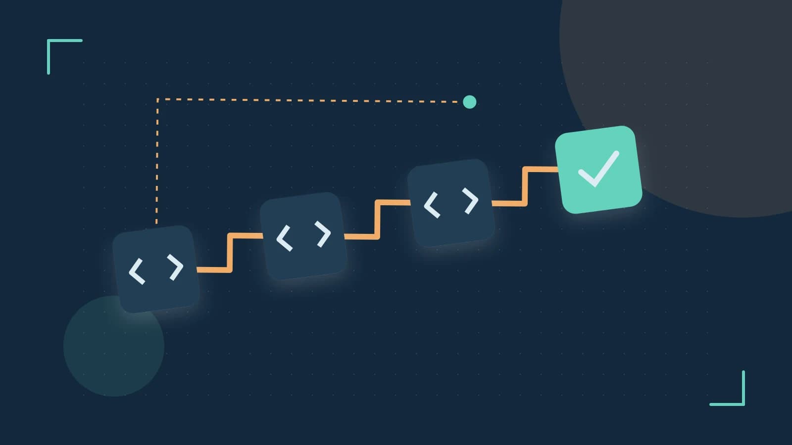 Editorial illustration of a branching build pipeline, staged transformations and a completed check