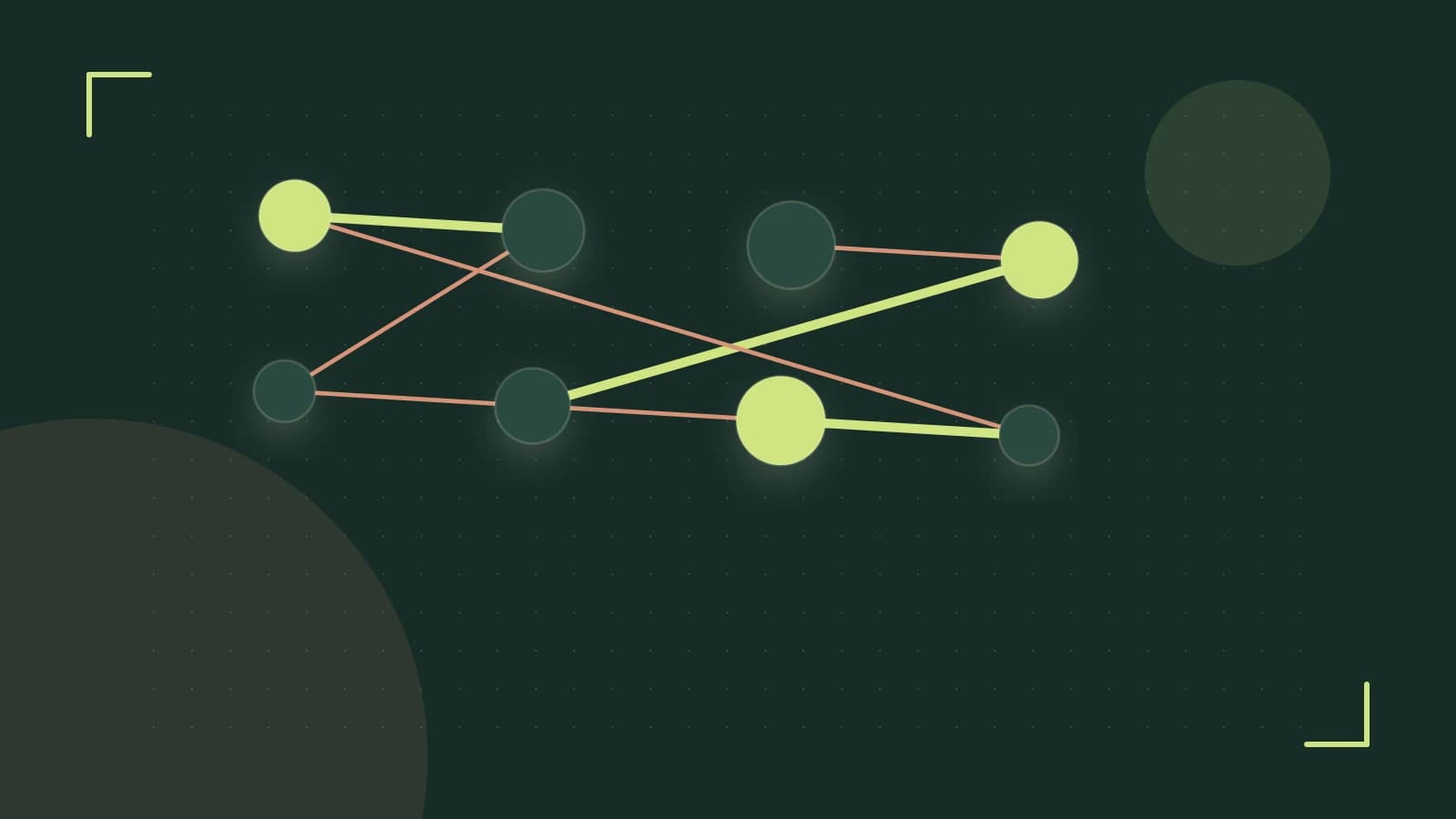 Editorial illustration of an algorithmic node graph with branching paths and a highlighted result