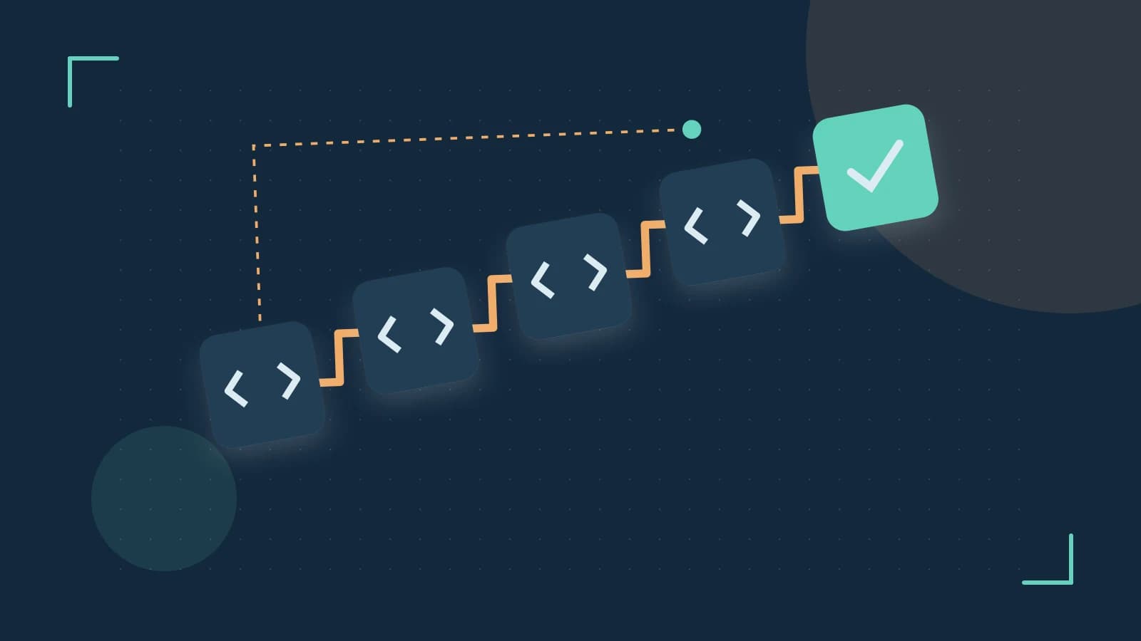 Editorial illustration of a branching build pipeline, staged transformations and a completed check
