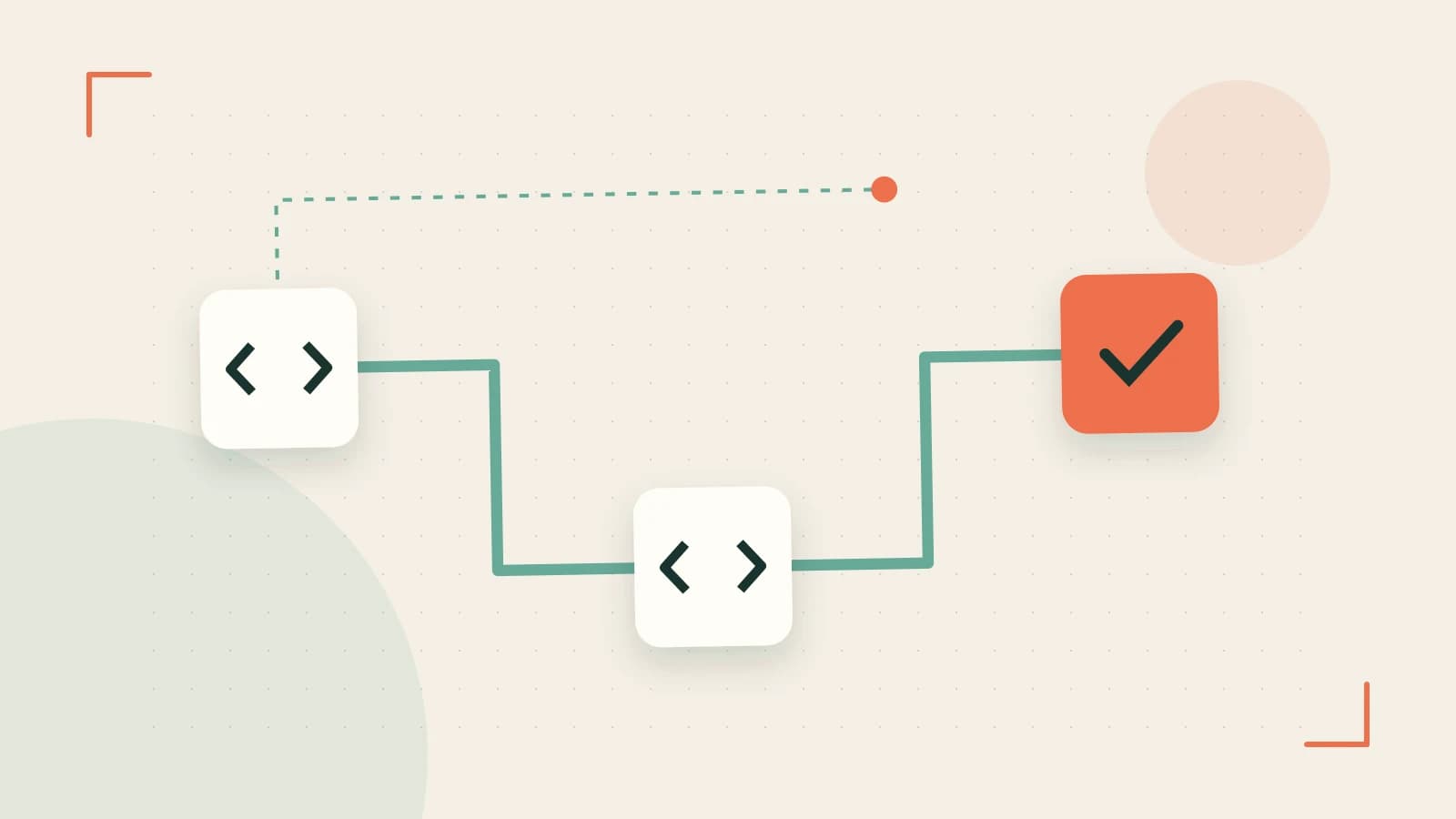 Editorial illustration of a branching build pipeline, staged transformations and a completed check
