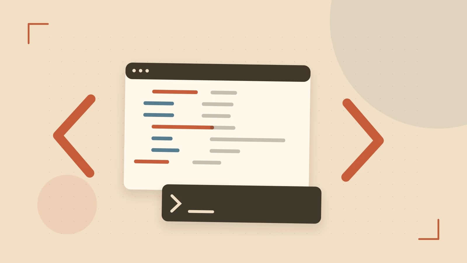 Editorial illustration of an abstract code editor, syntax blocks and oversized programming brackets