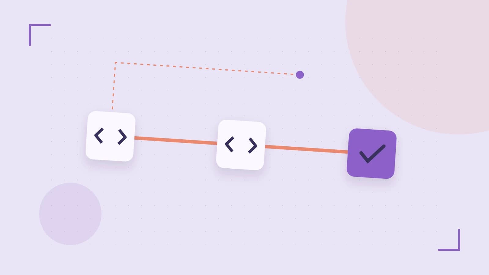 Editorial illustration of a branching build pipeline, staged transformations and a completed check