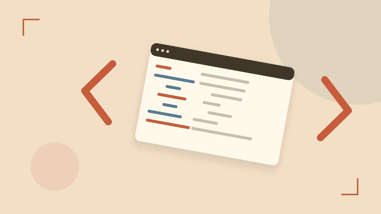 Editorial illustration of an abstract code editor, syntax blocks and oversized programming brackets