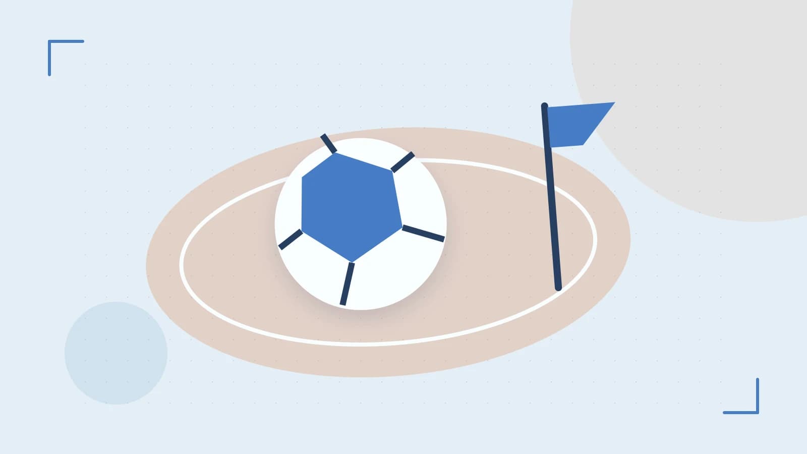 Editorial illustration of a stylized sports ball, stadium geometry and dynamic arcs