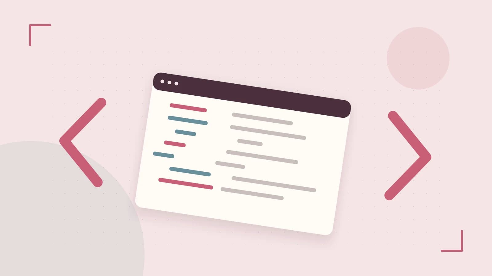 Editorial illustration of an abstract code editor, syntax blocks and oversized programming brackets