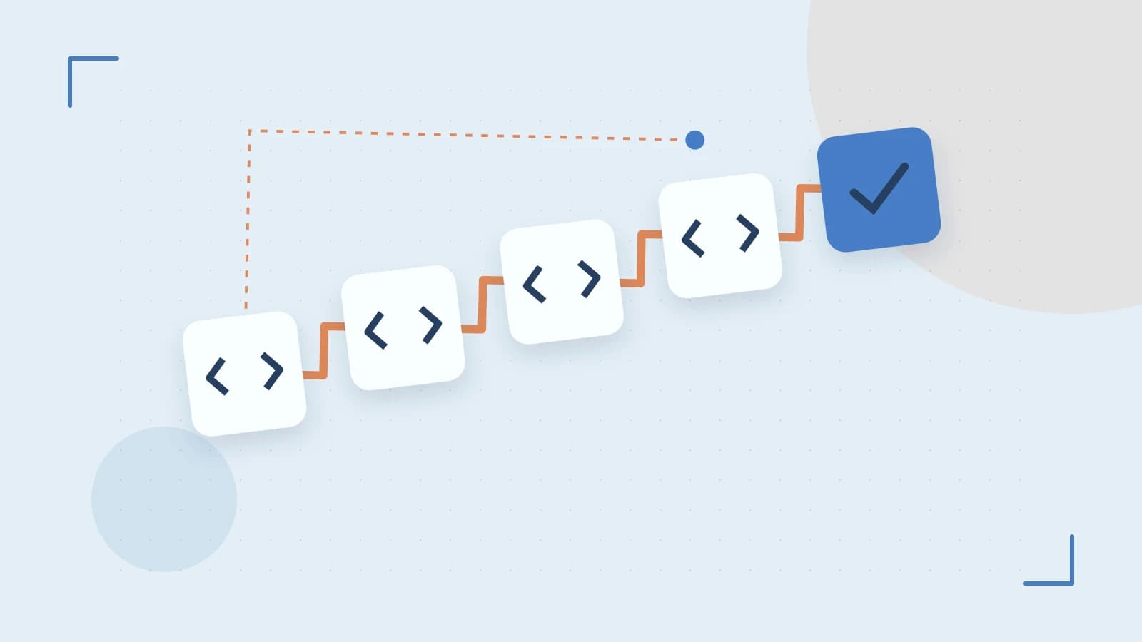 Editorial illustration of a branching build pipeline, staged transformations and a completed check