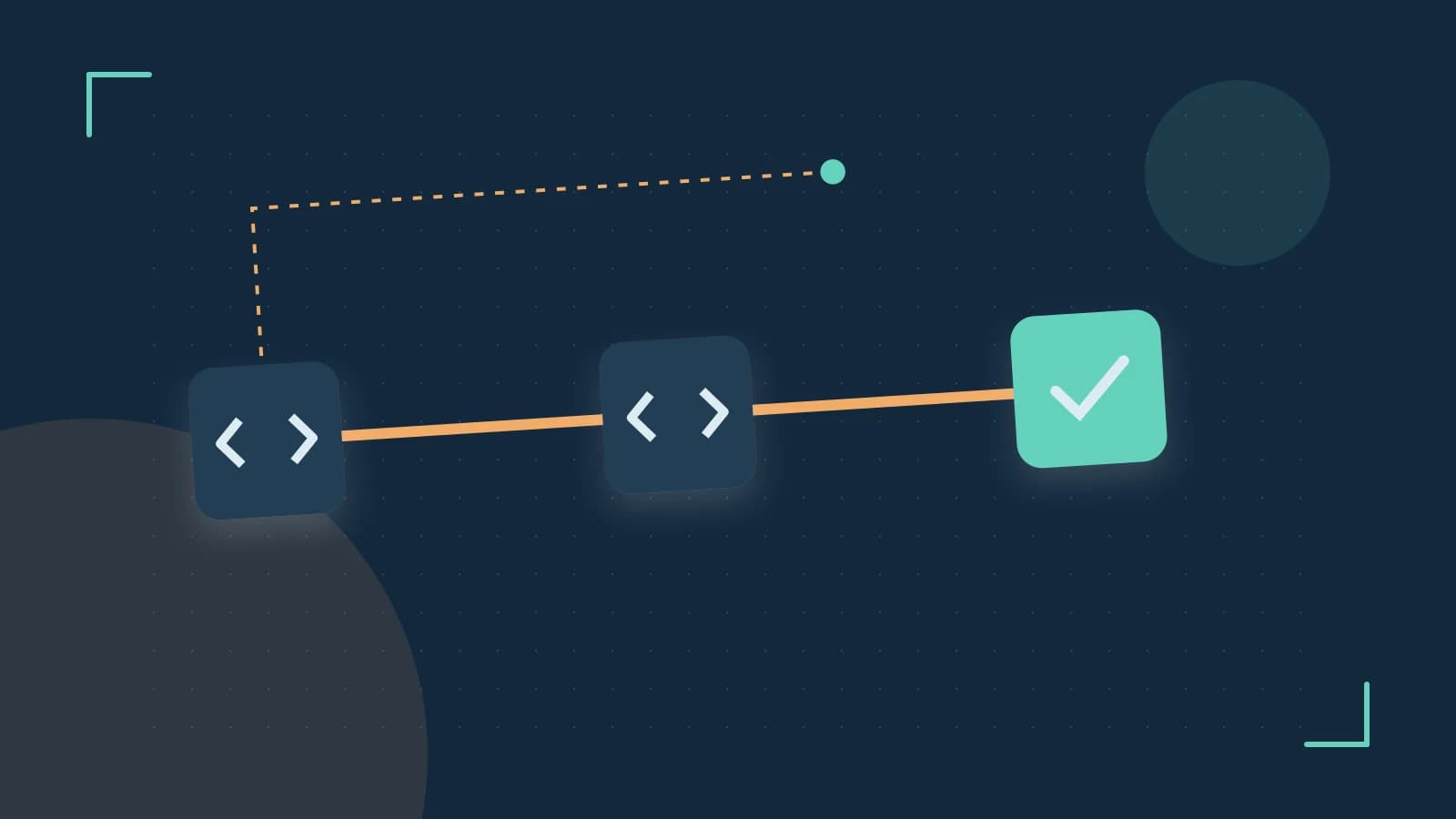 Editorial illustration of a branching build pipeline, staged transformations and a completed check