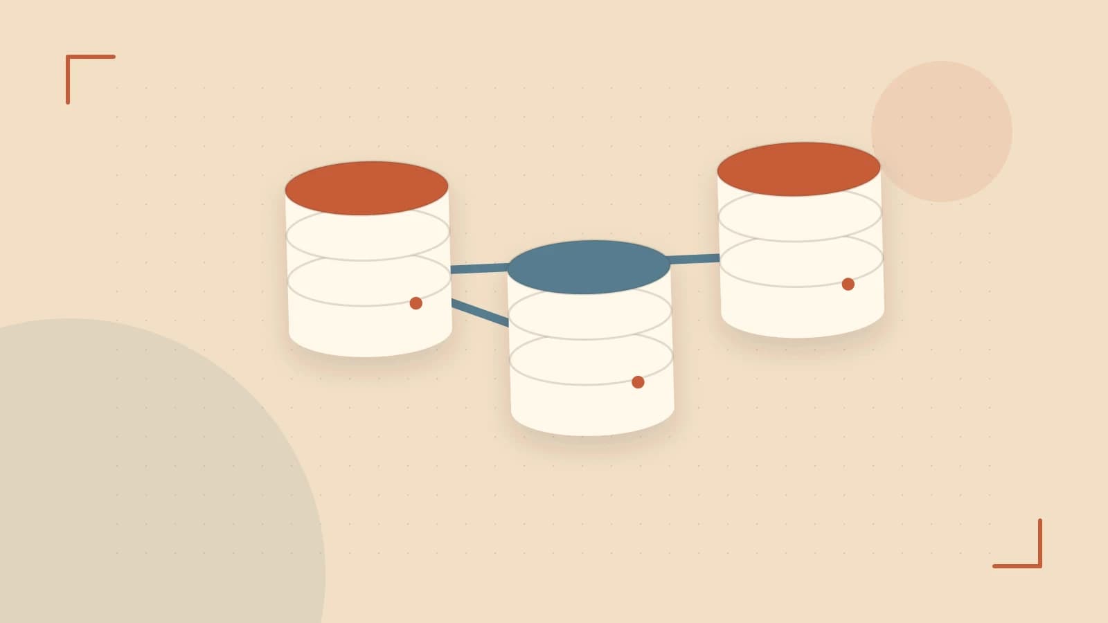 Editorial illustration of structured records, database cylinders and relationships between tables