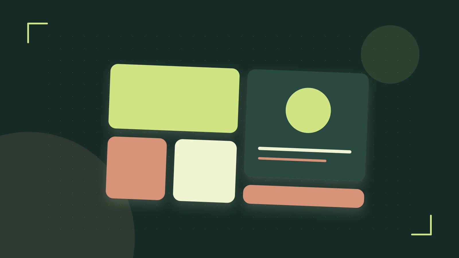 Editorial illustration of responsive browser layouts, overlapping design components and a color system