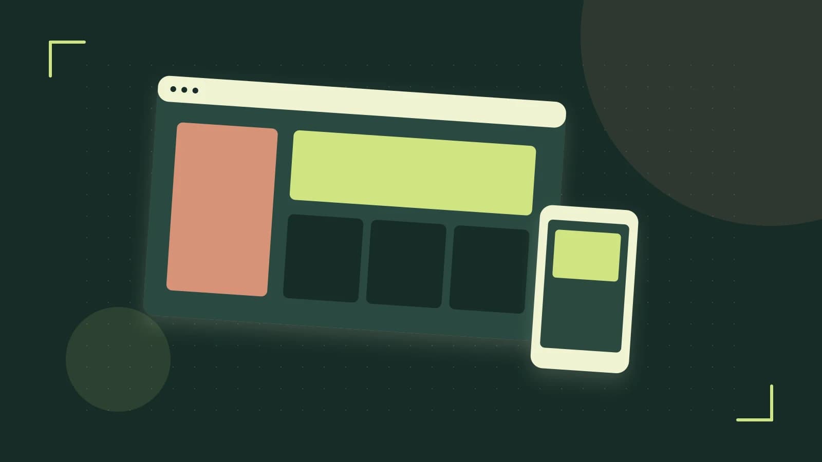Editorial illustration of responsive browser layouts, overlapping design components and a color system