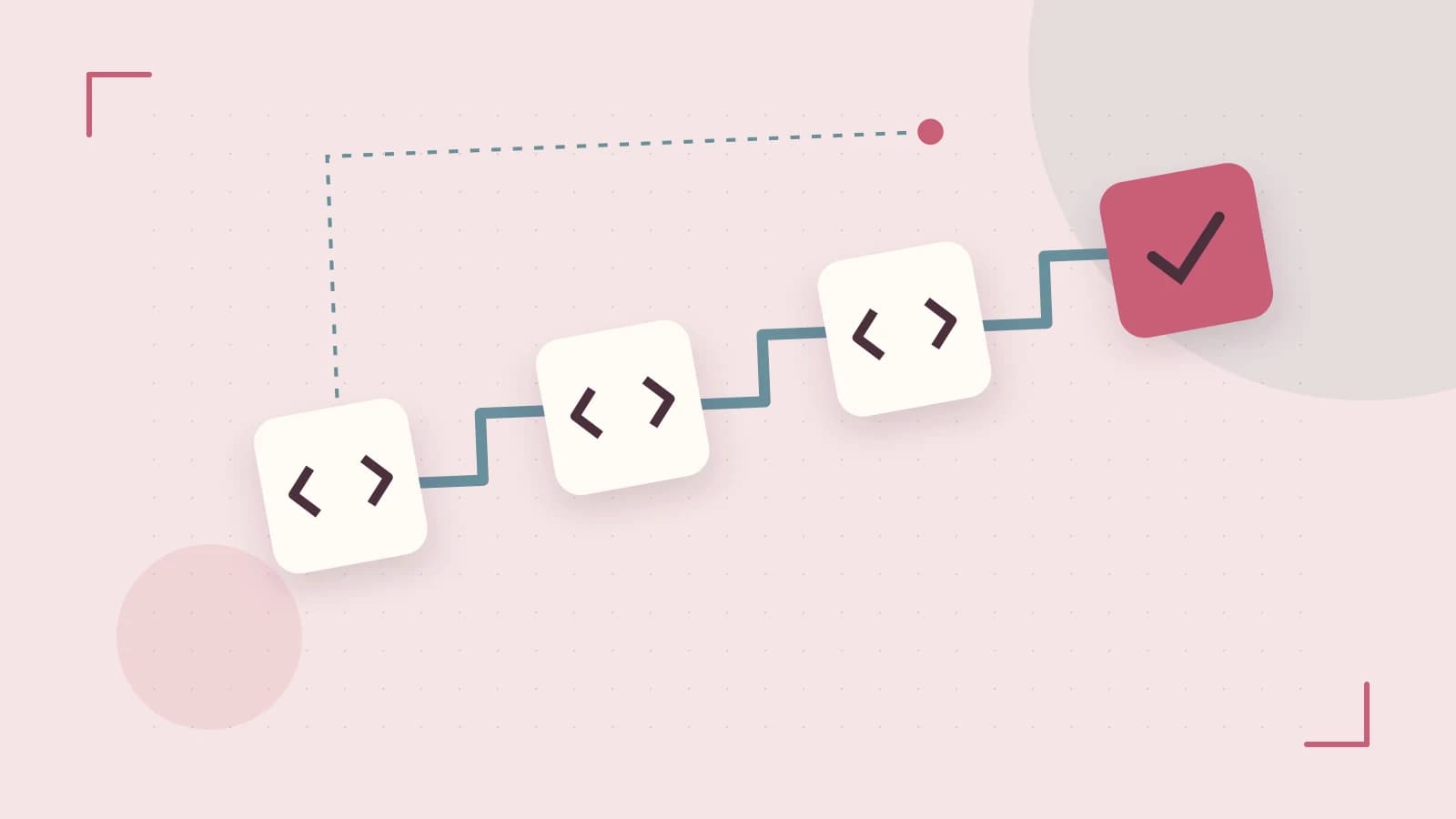 Editorial illustration of a branching build pipeline, staged transformations and a completed check