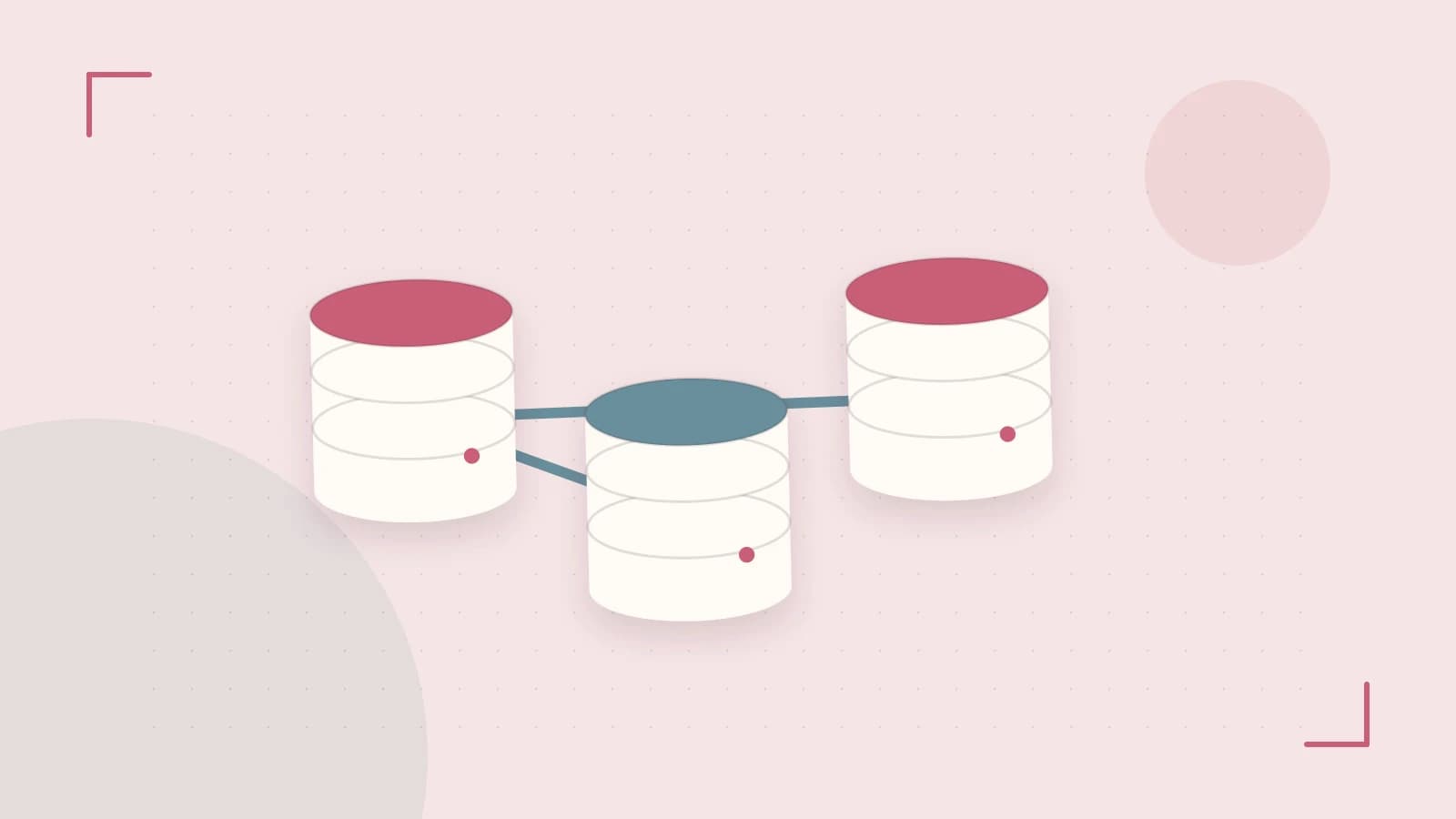 Editorial illustration of structured records, database cylinders and relationships between tables