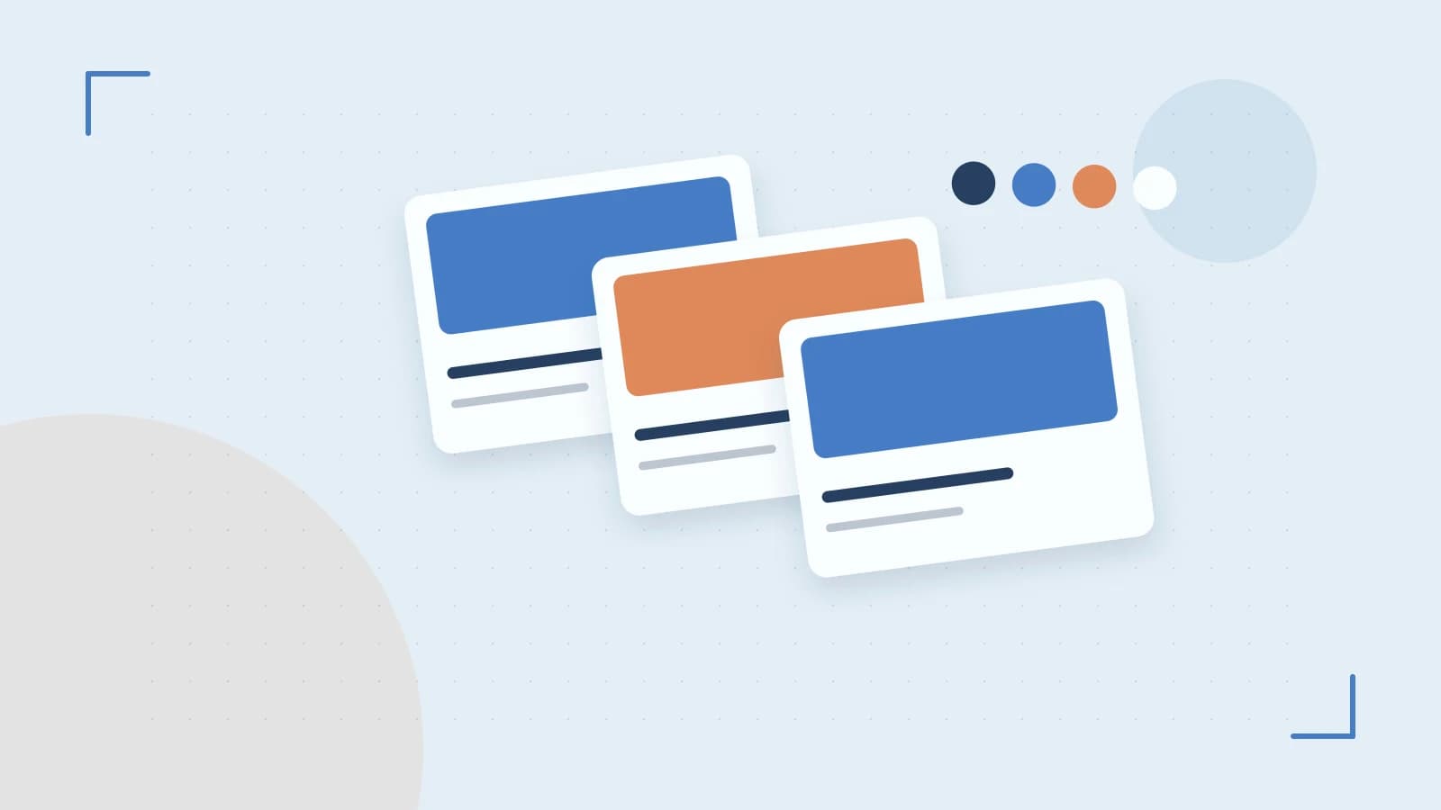 Editorial illustration of responsive browser layouts, overlapping design components and a color system