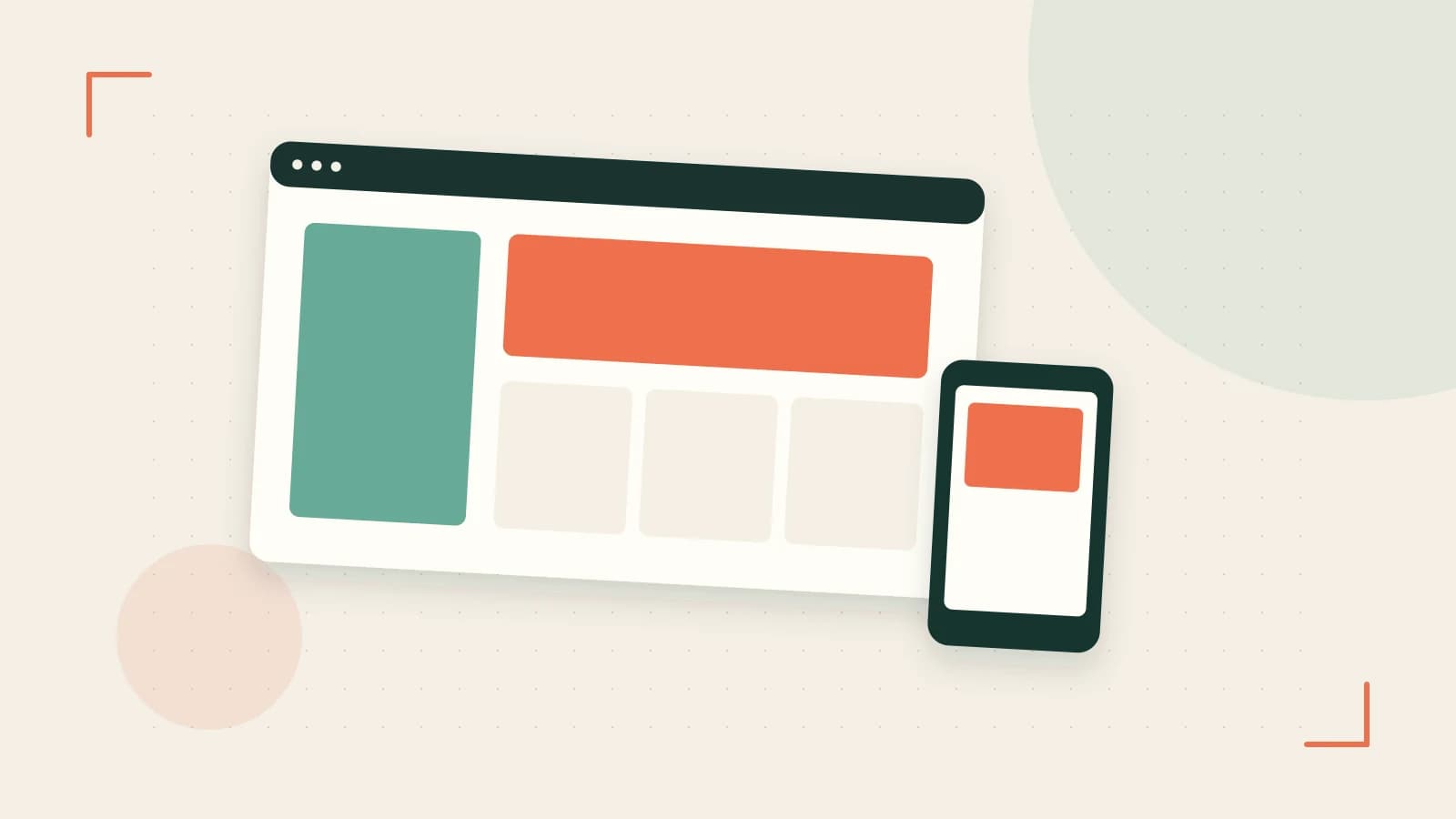 Editorial illustration of responsive browser layouts, overlapping design components and a color system