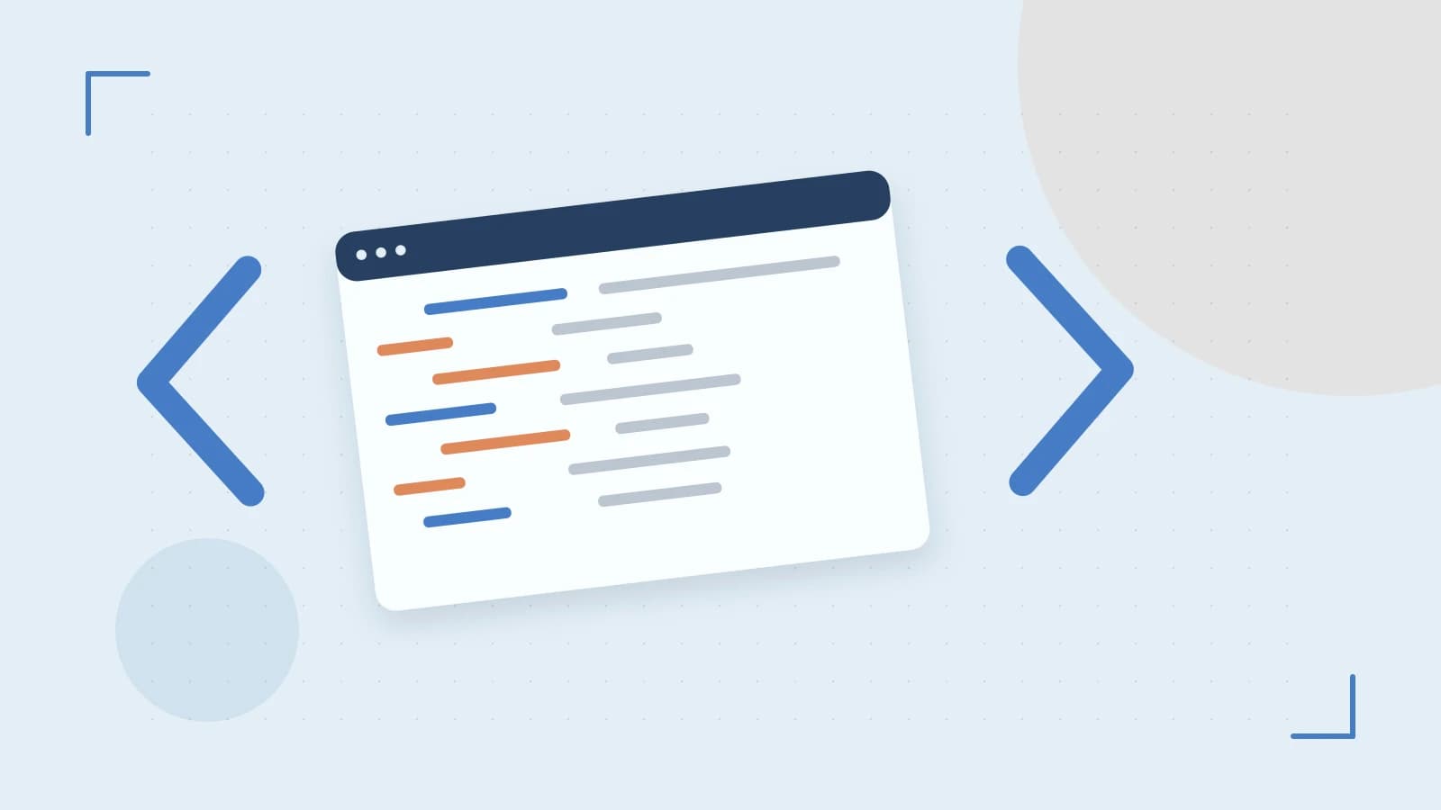 Editorial illustration of an abstract code editor, syntax blocks and oversized programming brackets