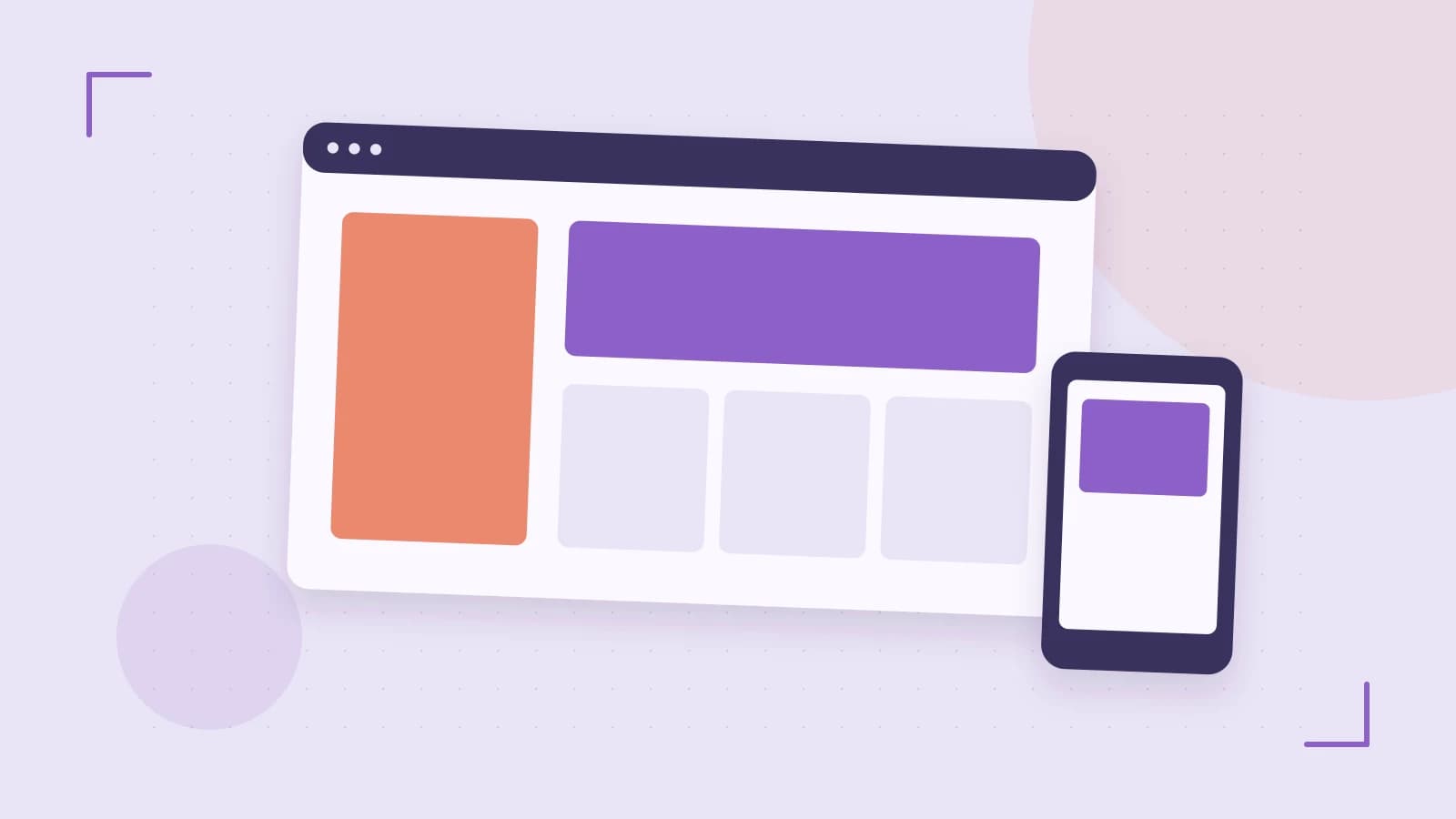 Editorial illustration of responsive browser layouts, overlapping design components and a color system