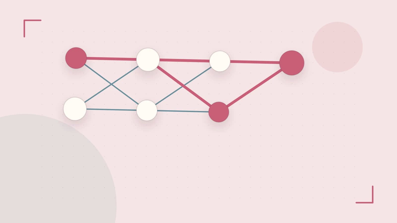 Editorial illustration of an algorithmic node graph with branching paths and a highlighted result