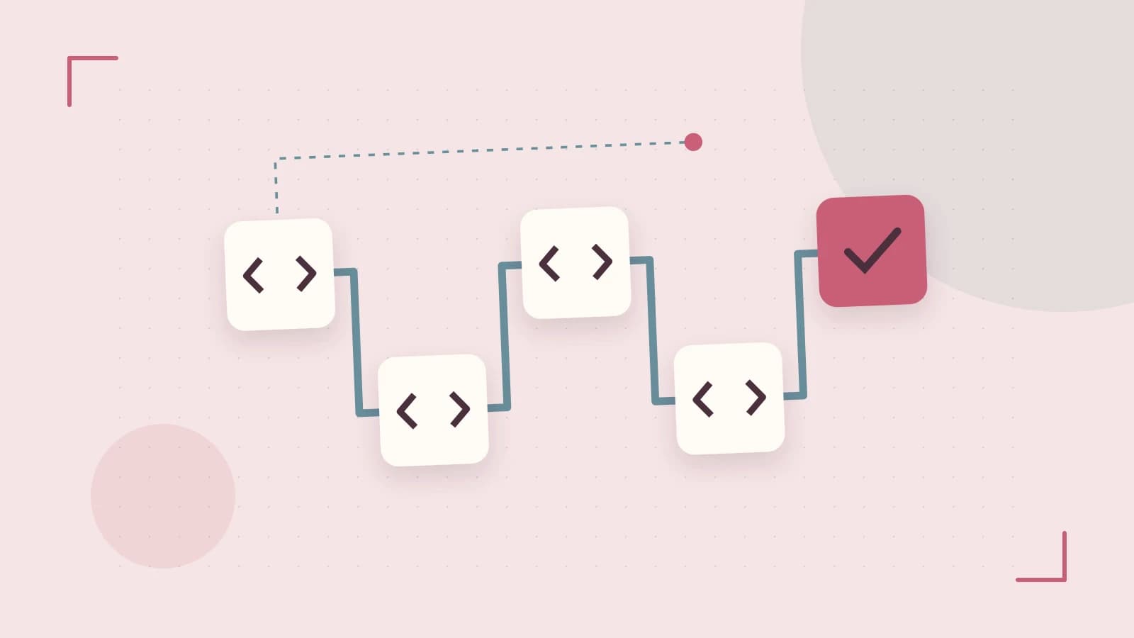 Editorial illustration of a branching build pipeline, staged transformations and a completed check
