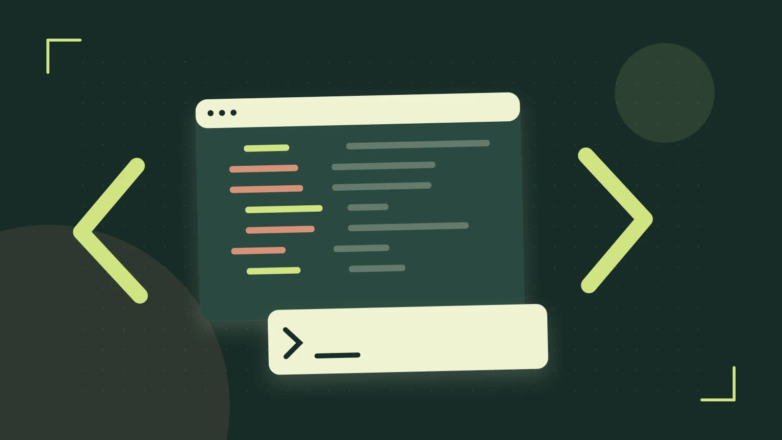 Editorial illustration of an abstract code editor, syntax blocks and oversized programming brackets
