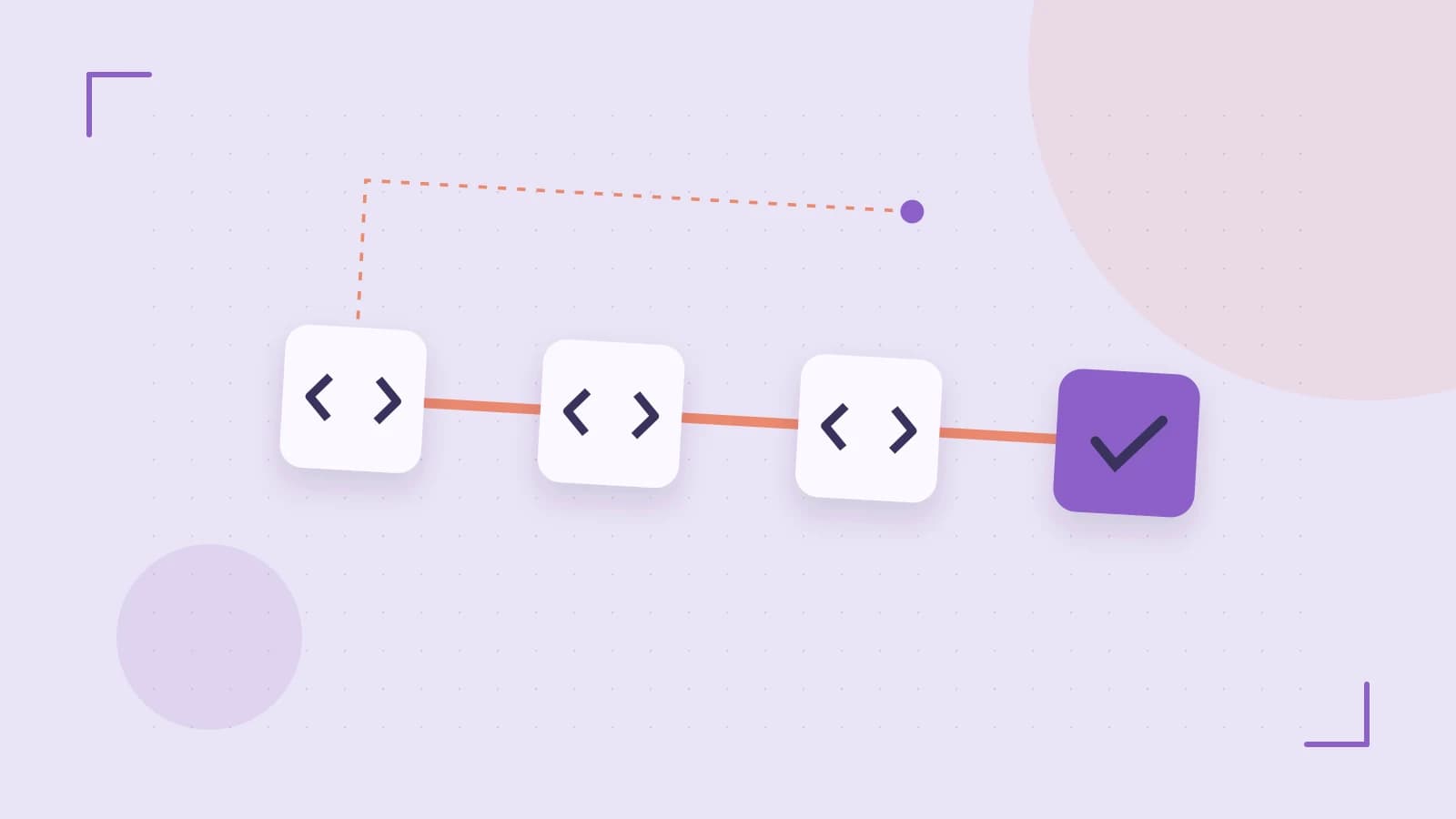 Editorial illustration of a branching build pipeline, staged transformations and a completed check