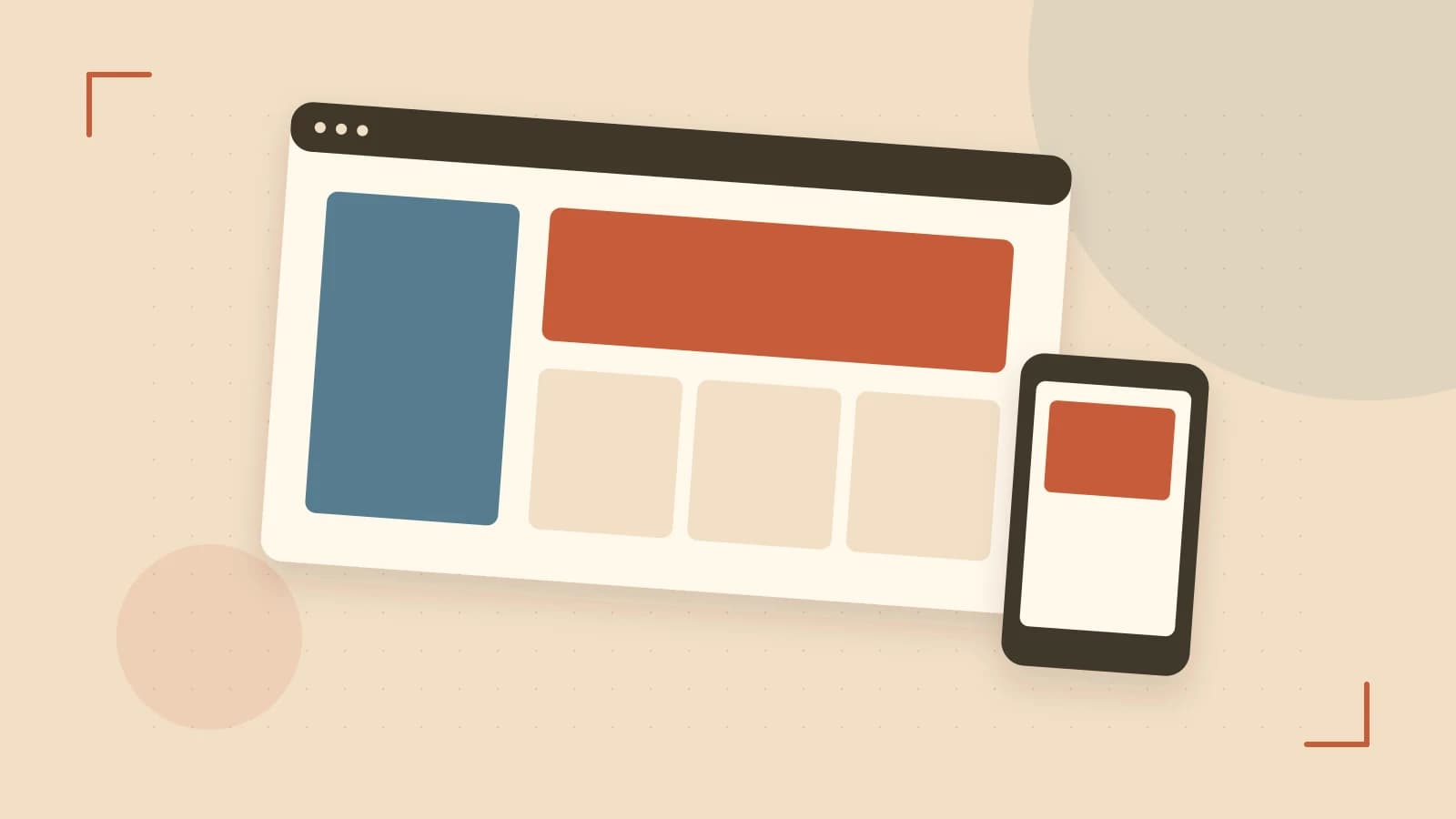 Editorial illustration of responsive browser layouts, overlapping design components and a color system
