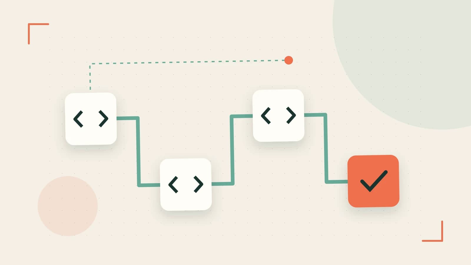 Editorial illustration of a branching build pipeline, staged transformations and a completed check