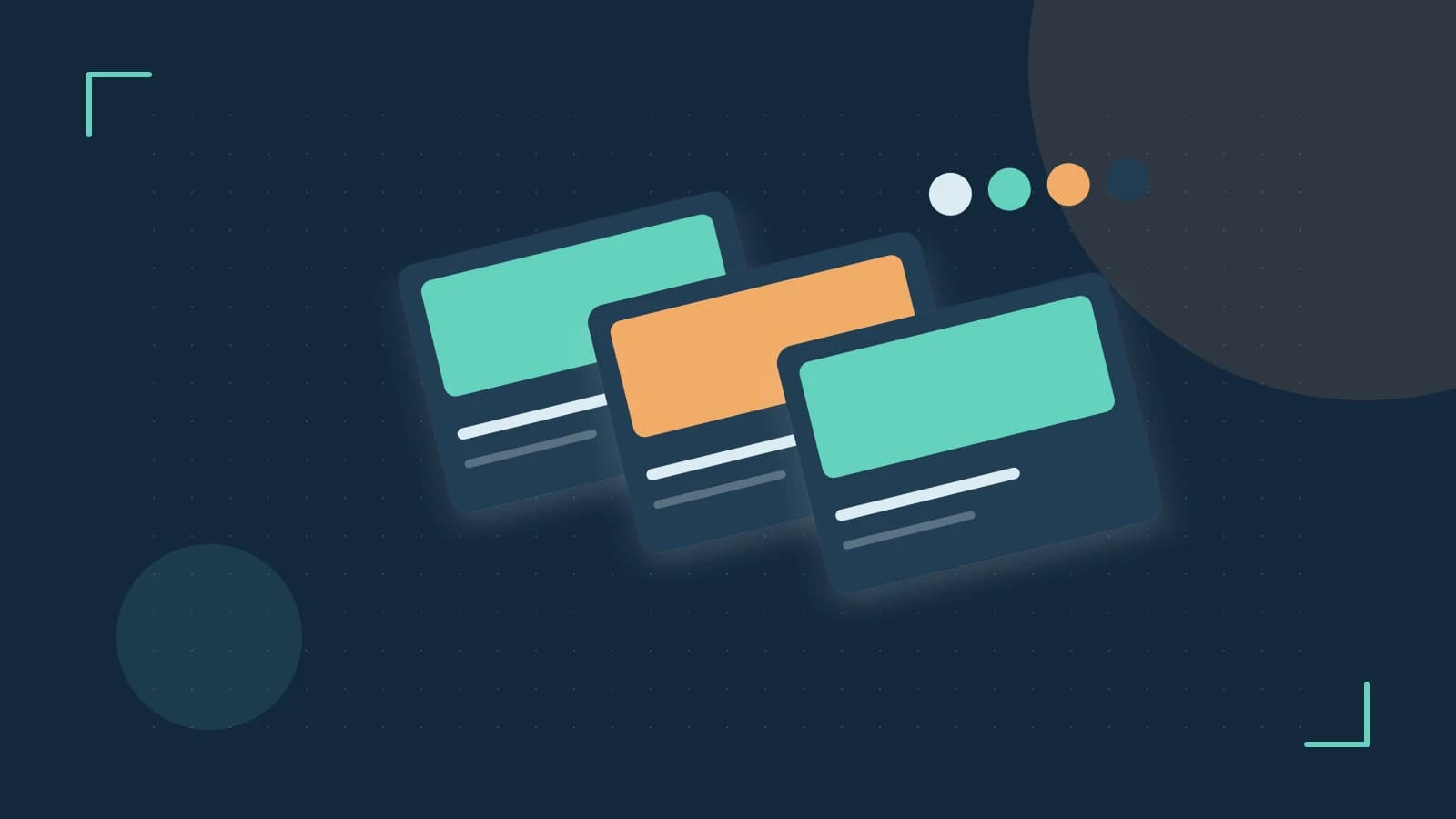 Editorial illustration of responsive browser layouts, overlapping design components and a color system