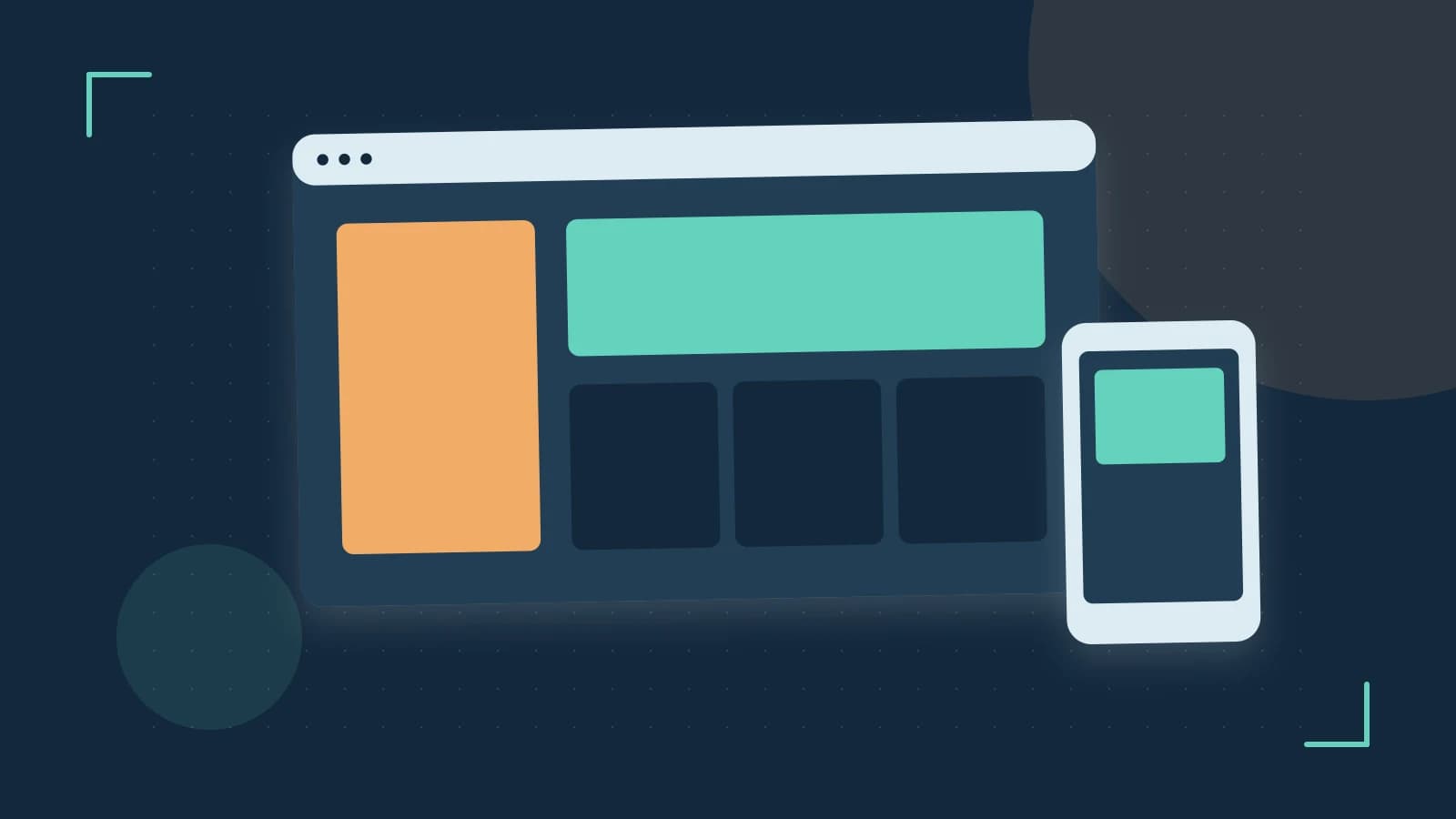 Editorial illustration of responsive browser layouts, overlapping design components and a color system
