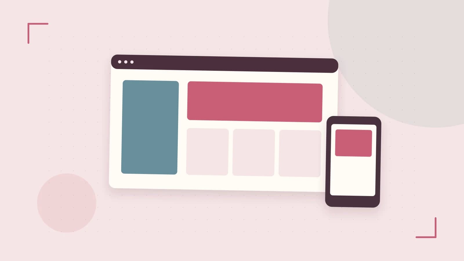 Editorial illustration of responsive browser layouts, overlapping design components and a color system