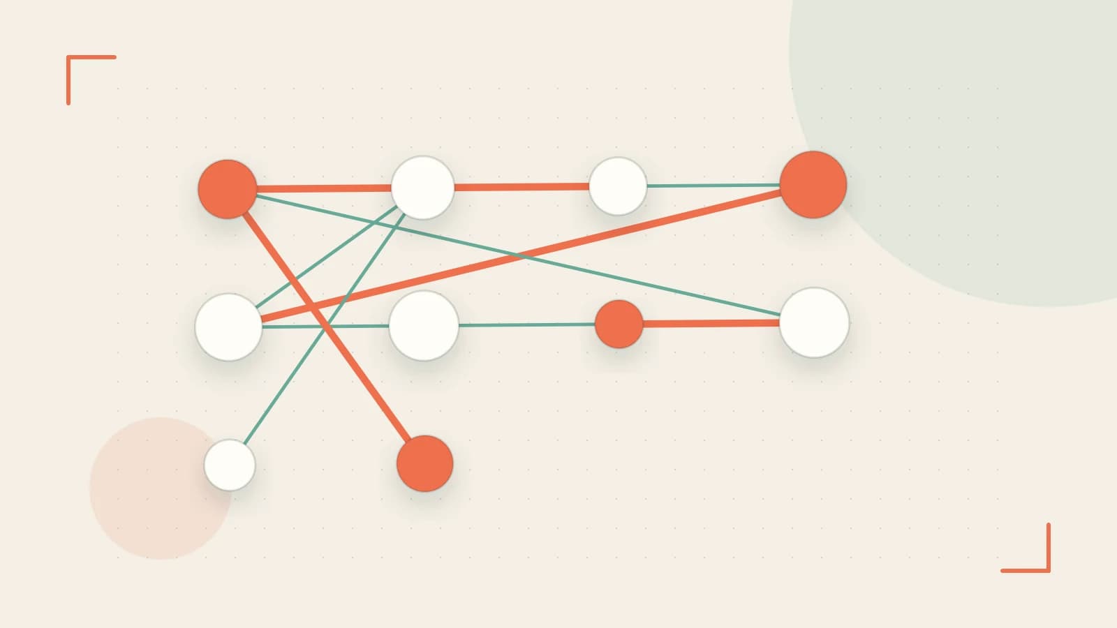 Editorial illustration of an algorithmic node graph with branching paths and a highlighted result