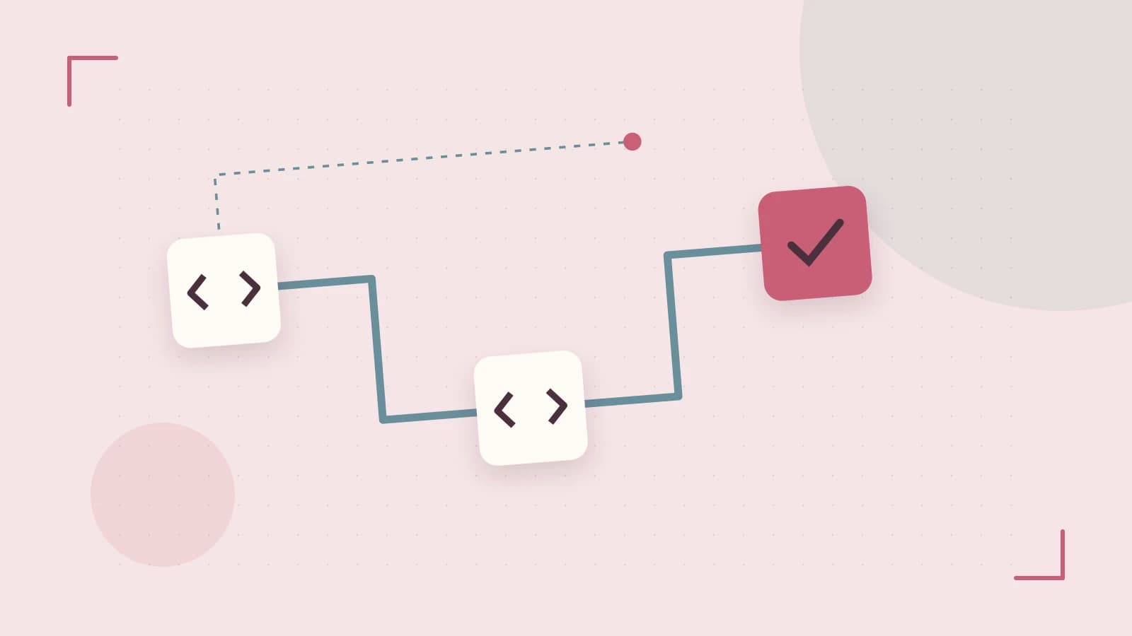 Editorial illustration of a branching build pipeline, staged transformations and a completed check