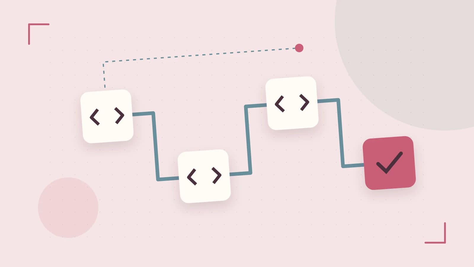 Editorial illustration of a branching build pipeline, staged transformations and a completed check