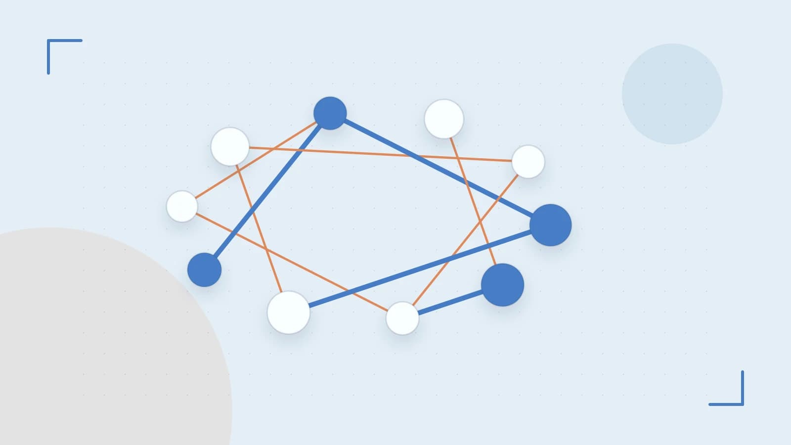 Editorial illustration of an algorithmic node graph with branching paths and a highlighted result