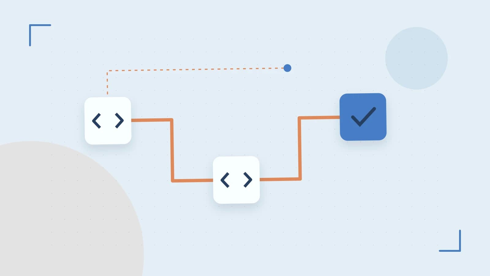 Editorial illustration of a branching build pipeline, staged transformations and a completed check