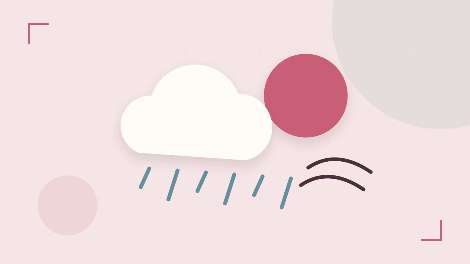 Editorial illustration of a sun, layered clouds, raindrops and flowing weather patterns