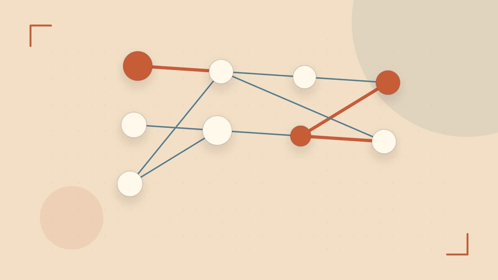Editorial illustration of an algorithmic node graph with branching paths and a highlighted result